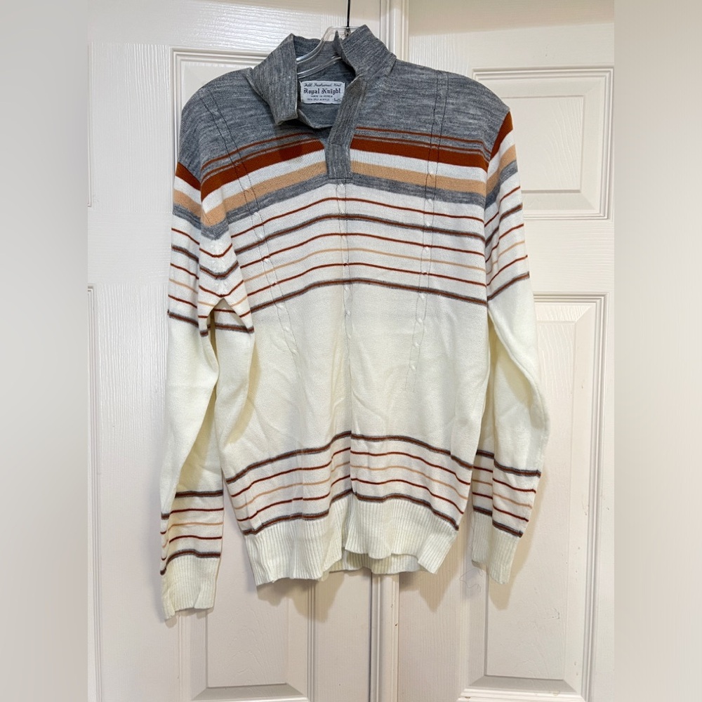 Royal Knight VTG 70s Collared Sweater‎ Men LRG Cable Knit MOD Stripe Ivory